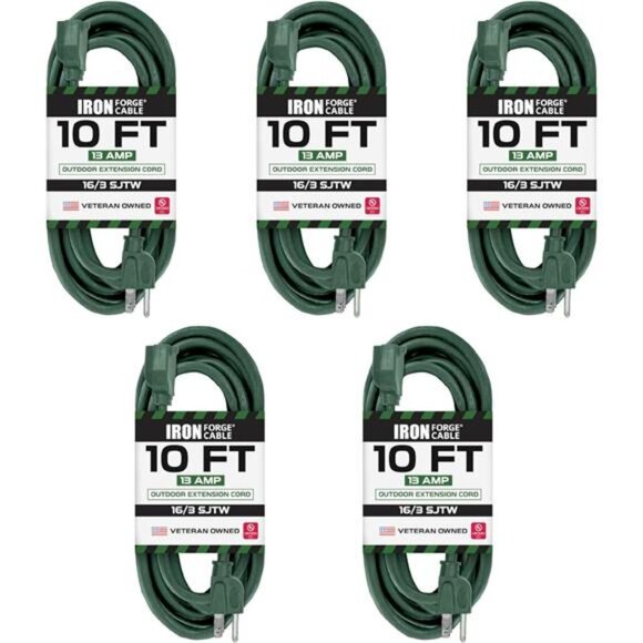 5 Pack Outdoor Extension Cord 10 ft, 16/3 SJTW Weatherproof Green Extension Cord - Picture 1 of 7
